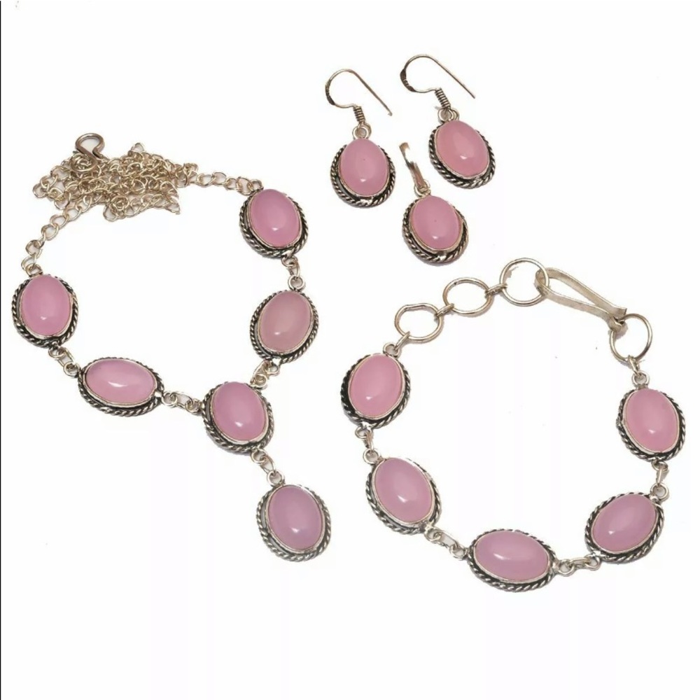 Rose Quartz 925 Silver Plated Necklace Bracelet Pendant Earring Set